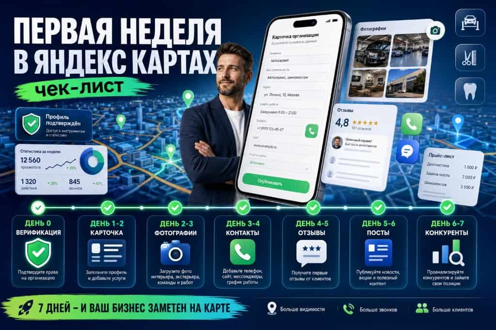 Первая неделя в Яндекс Картах: чек-лист для автосервиса, салона и стоматологии